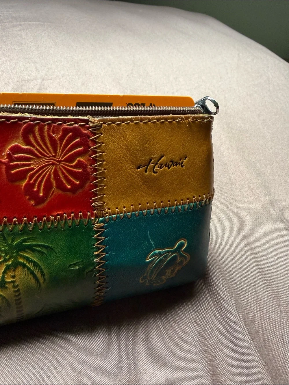 Aloha Hawaii Leather Patchwork Coin Purse Pouch in Teal, Mustard & Red